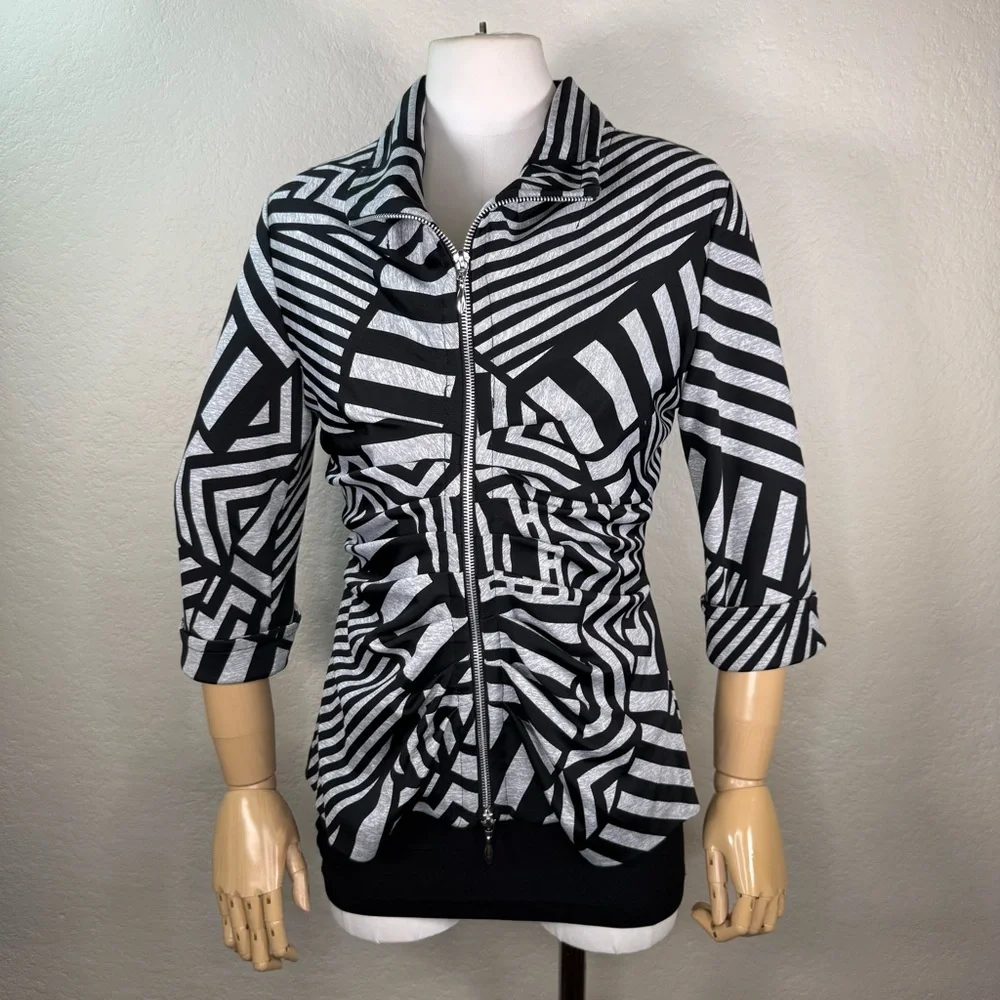 Joseph Ribkoff Geometric Ruched Striped Fitted Zip Blazer Light Jacket SZ 10 EUC